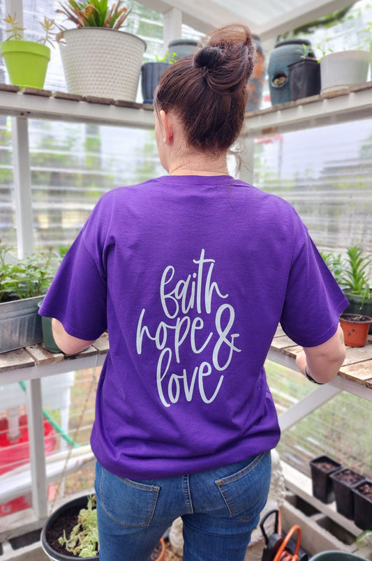 Purple Christian graphic tees with the words, Faith, Hope and Love