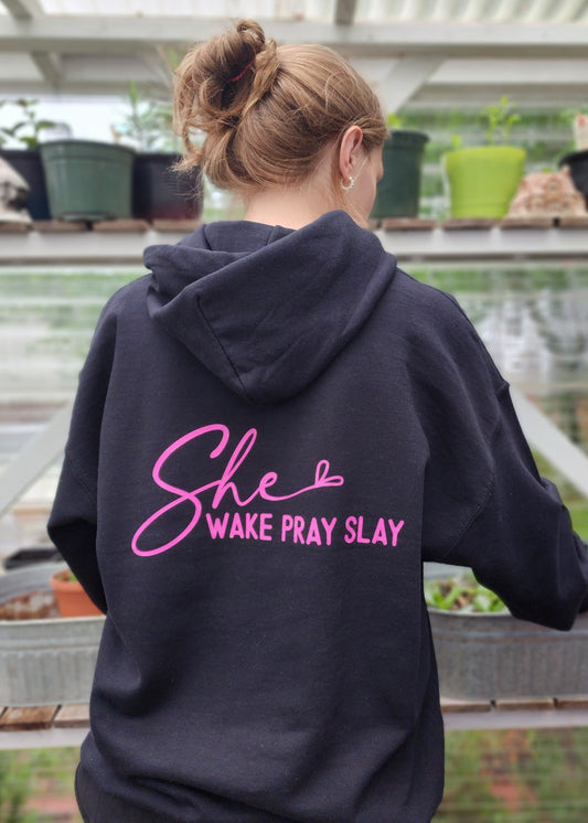 Christian hoodie that says She wake pray slay
