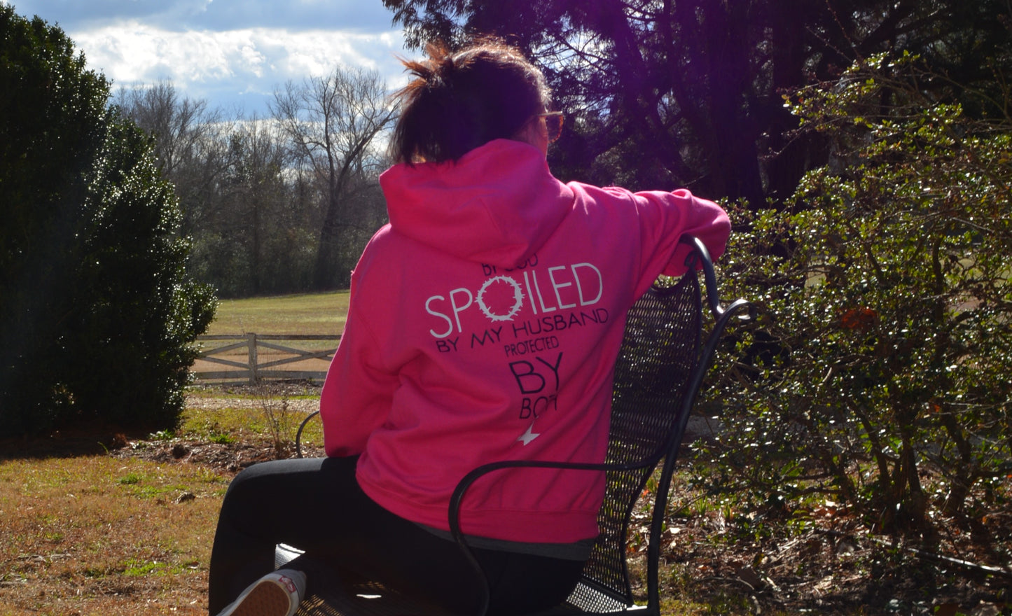 Hot pink Christian Hoodie saying Blessed by God Spoiled by my husband and protected by both
