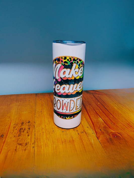 White 20 oz tumbler with colorful cheetah print background with the words Make heaven crowded