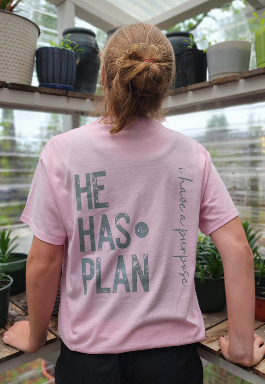 Pink God Shirt saying, He has a plan, I have a purpose