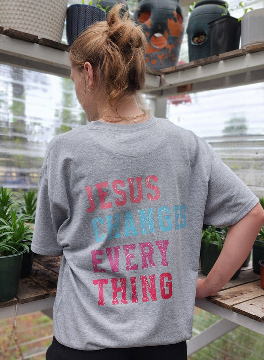 Grey Jesus tshirt with the powerful phrase Jesus Changes Everything