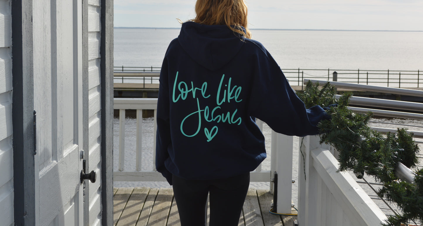 Navy Blue Christian Hoodies, with Love like Jesus and a heart
