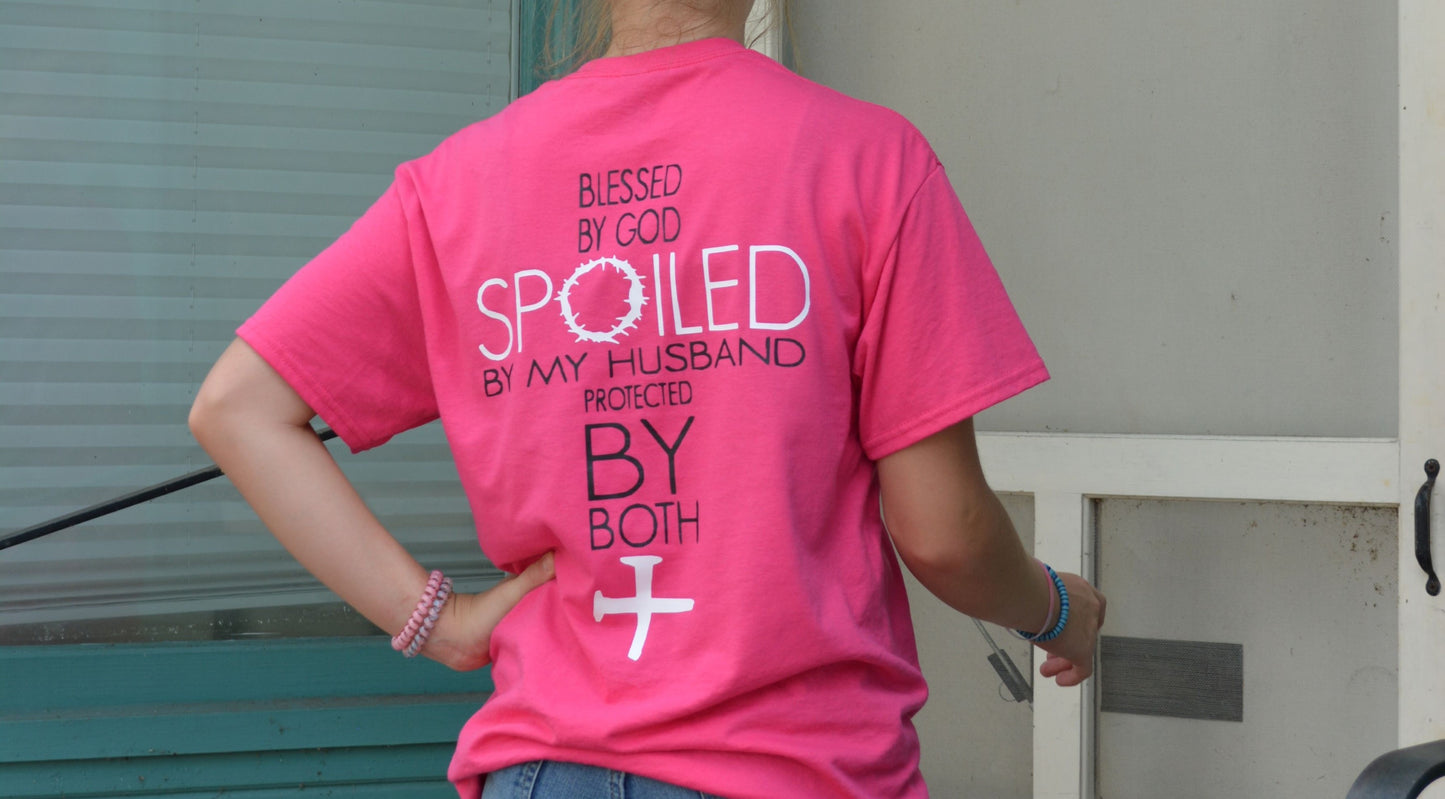 God shirt displaying Blessed by God Spoiled by my husband protected by both
