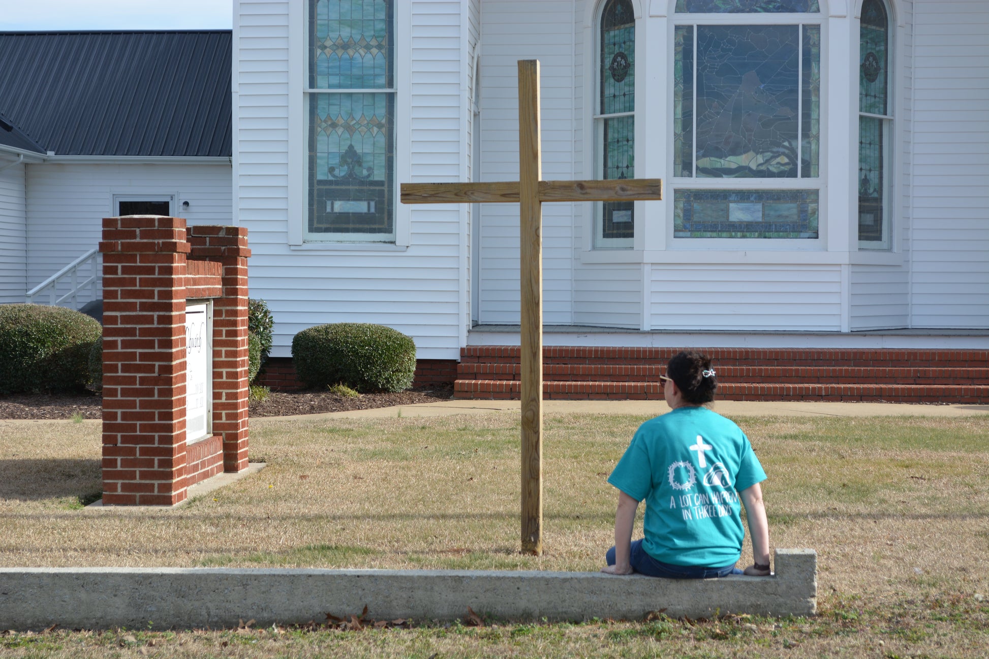 Christian tee shirt turquoise t-shirt with cross, crown of thorns, and opened tomb with a lot can happen in three days